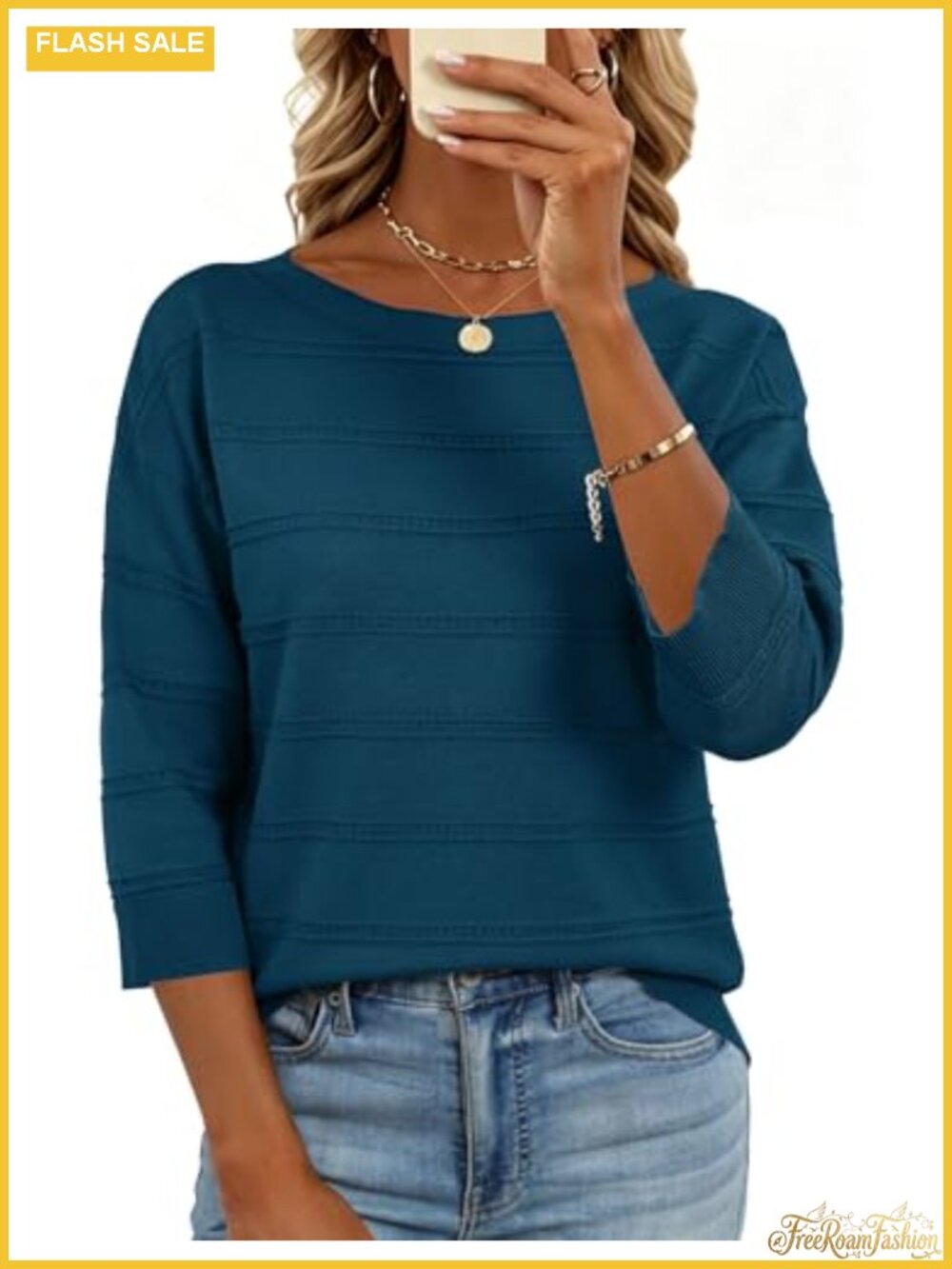 Womens Sweater Boat Neck 3/4 Sleeve Lightweight Knit Pullover Casual Top